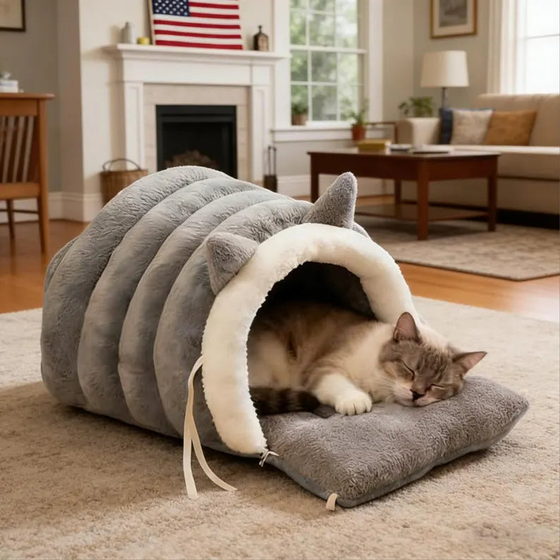 Grey Semi-Enclosed Cat Bed – Cozy Sleeping Nest for Cats & Kittens