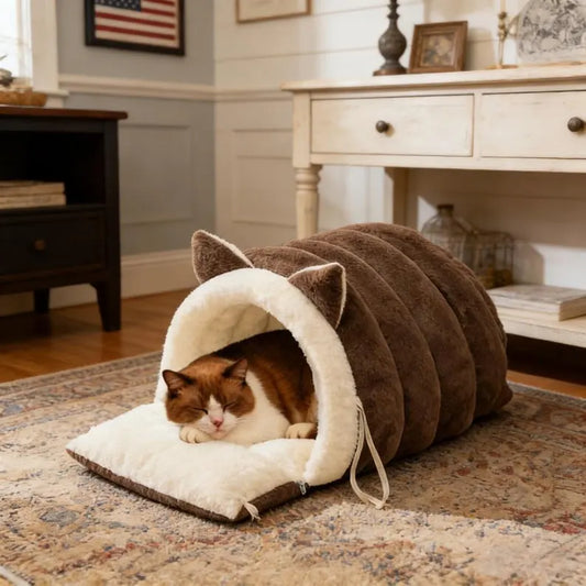 Semi-Enclosed Cat Bed for Cats & Kittens – Cozy Pet Sleeping Nest (Large)