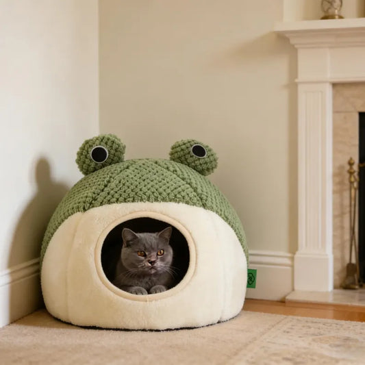 Frog Shaped Cat Bed, Semi-Enclosed Plush Pet Nest