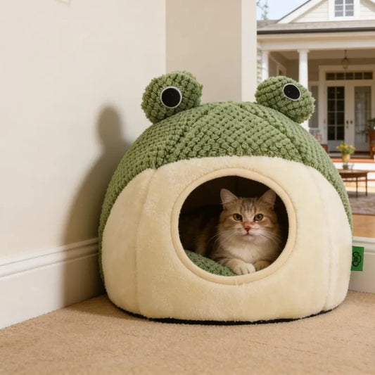 Frog Shaped Cat Bed, Semi-Enclosed Plush Pet Nest